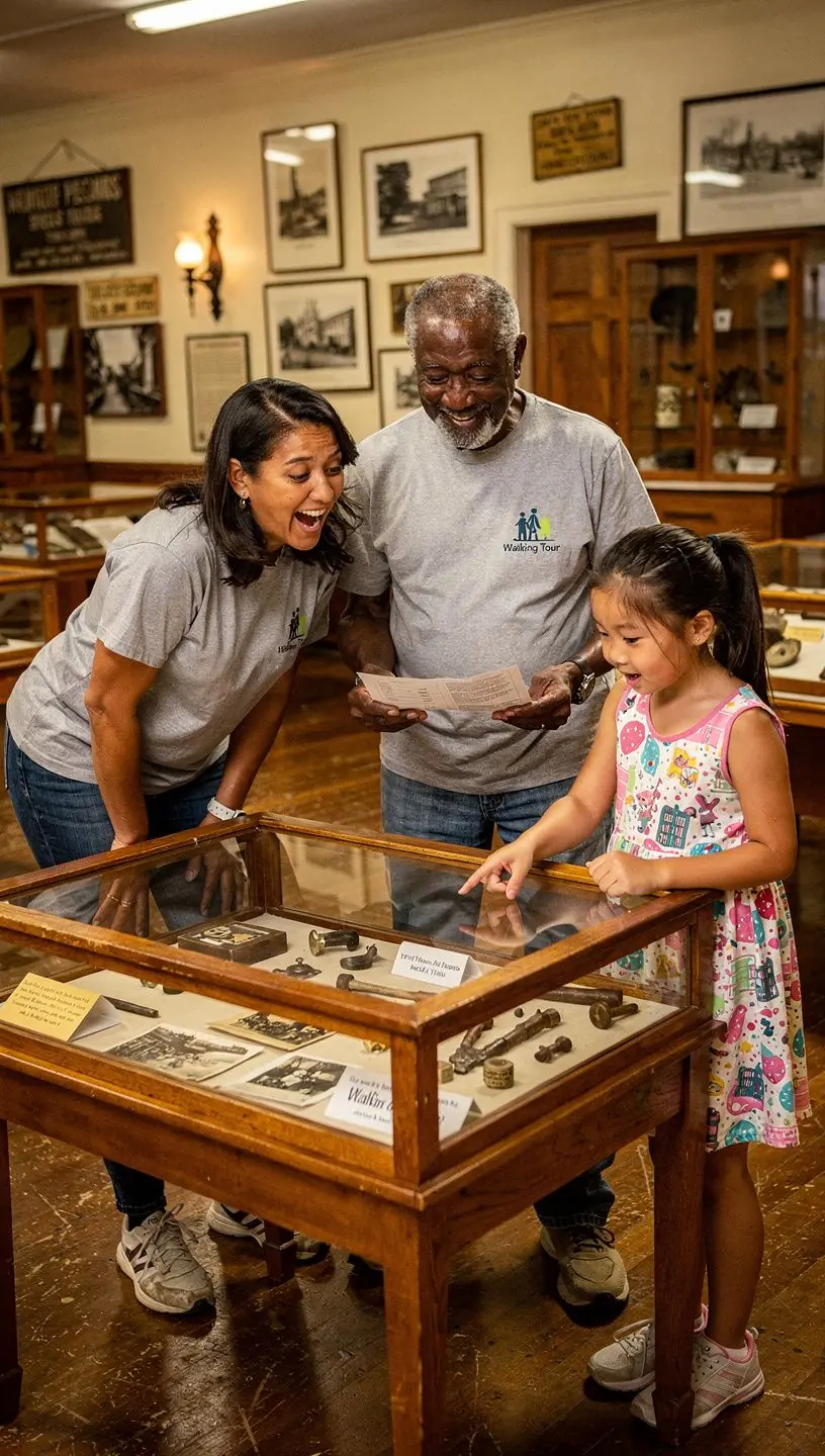 Инструктор объясняет правила игры и рассказывает историю города группе участников на открытом воздухе.